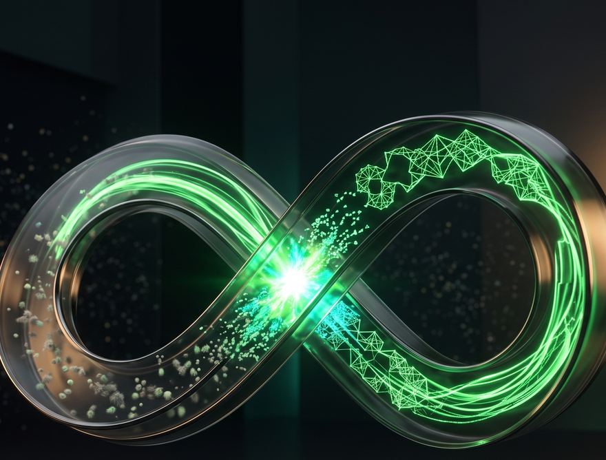 A glowing green infinity loop cycling particles into structured light