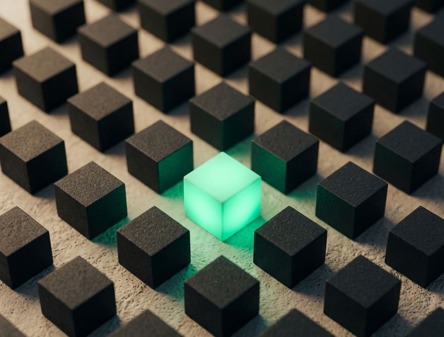 A single glowing green cube standing out from a grid of dark cubes