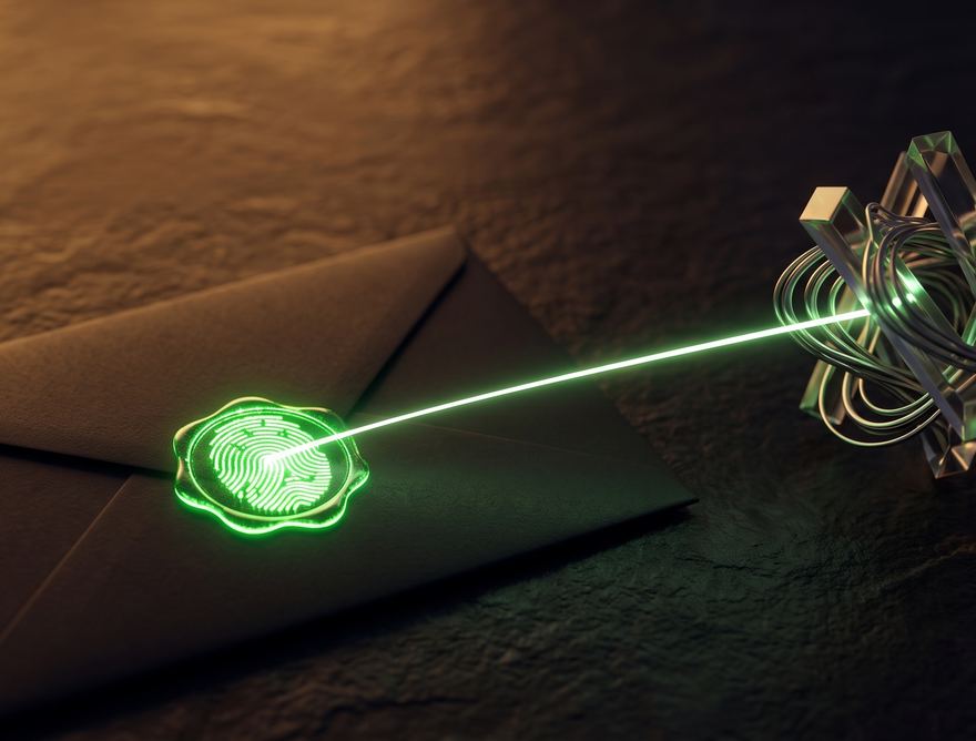 A letter sealed with a glowing green wax fingerprint, linked by light to a glass knot