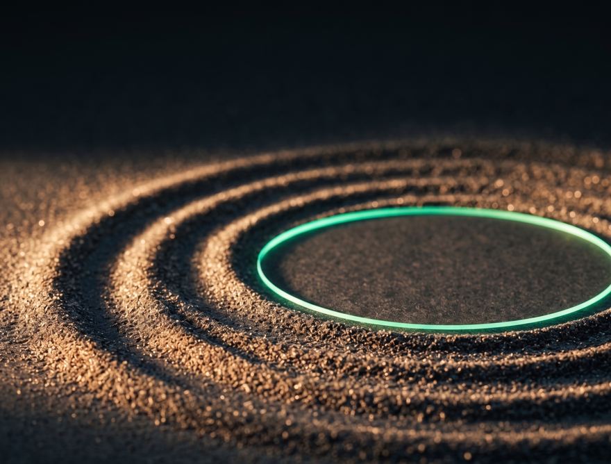 Concentric ripples in sand converging on a glowing green ring